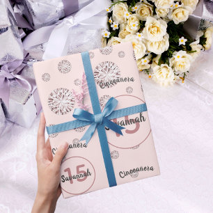 Quinceanera 15e verjaardag roos goudroze diamanten cadeaupapier