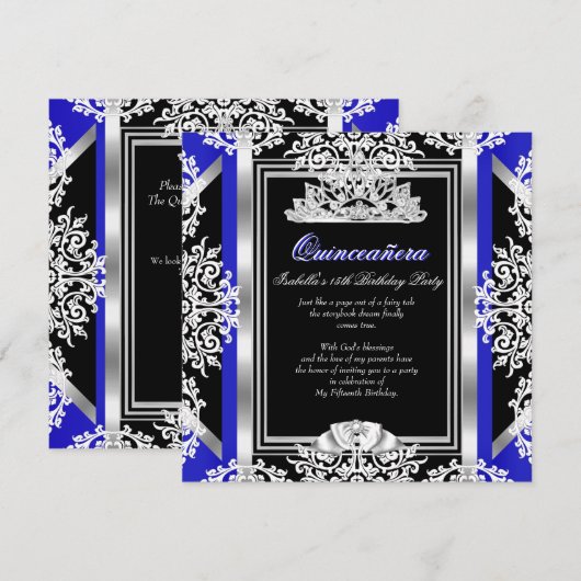 Quinceanera 15e verjaardag Royal Blue Silver Black Kaart (Voorkant / Achterkant)
