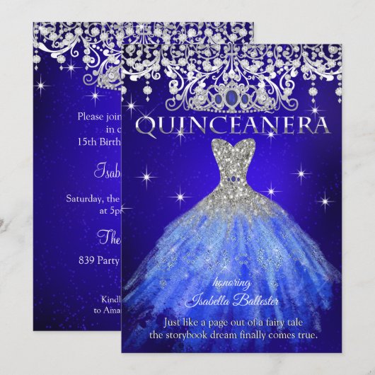 Quinceanera 15e verjaardag Royal Blue Tiara Kaart (Voorkant / Achterkant)
