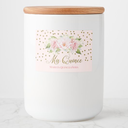 Quinceañera 15e verjaardag roze bloemen goud voedselcontainer etiket (Voorkant)