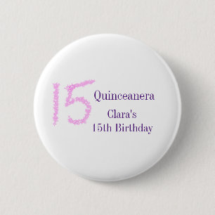 Quinceanera 15e verjaardag roze glitter sjabloon ronde button 5,7 cm