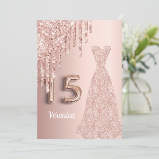 Quinceanera 15e verjaardag roze goud glinster roze kaart (Staand voorkant)
