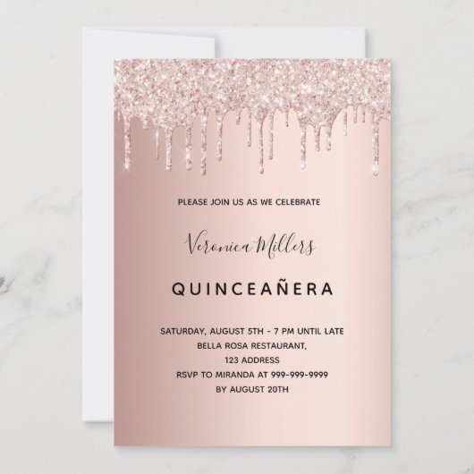 Quinceanera 15e verjaardag roze goud glinster roze kaart (Achterkant)