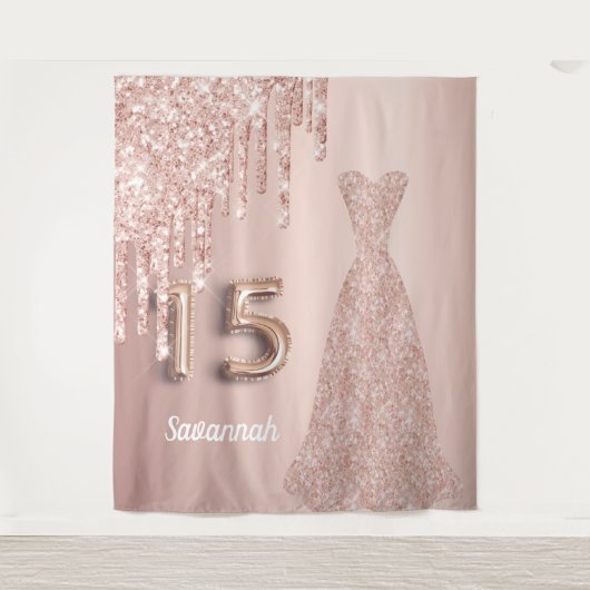 Quinceanera 15e verjaardag roze goud glitters roze wandkleed (Voorkant)