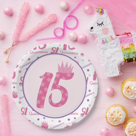 Quinceañera 15e verjaardag Roze Paarse kroon Papieren Bordje (Feest)