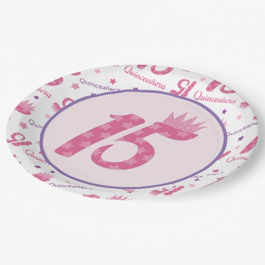 Quinceañera 15e verjaardag Roze Paarse kroon Papieren Bordje (Gekanteld)