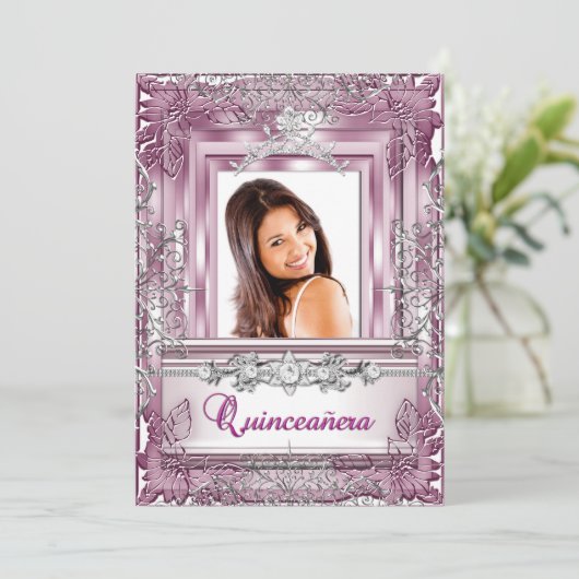 Quinceañera 15e verjaardag Roze Silver Tiara Kaart (Staand voorkant)