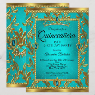 Quinceanera 15e verjaardag Teal Blauwe Tiara Goud Kaart