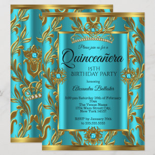 Quinceanera 15e verjaardag Teal Blauwe Tiara Goud  Kaart