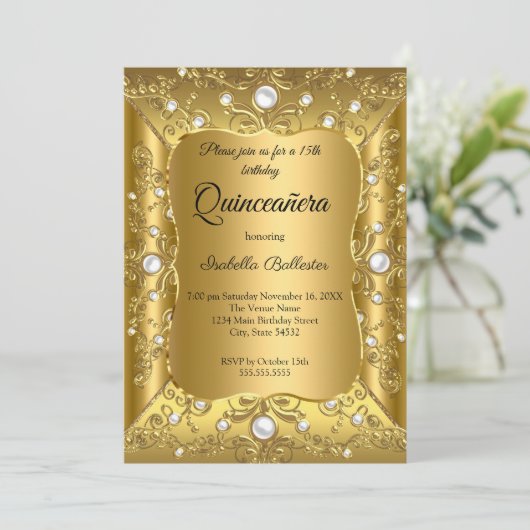 Quinceanera 15e verjaardag van de goudpearl kaart (Staand voorkant)