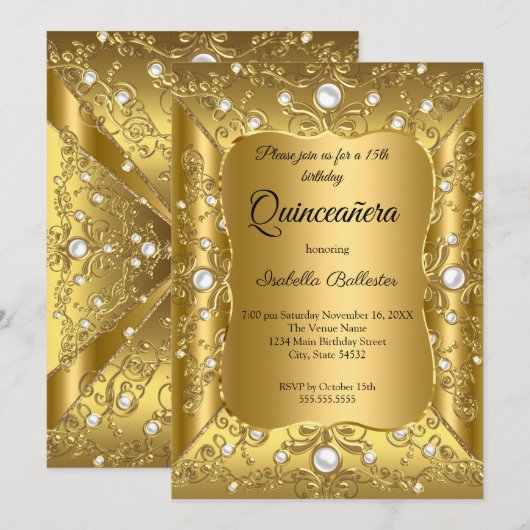 Quinceanera 15e verjaardag van de goudpearl kaart (Voorkant / Achterkant)