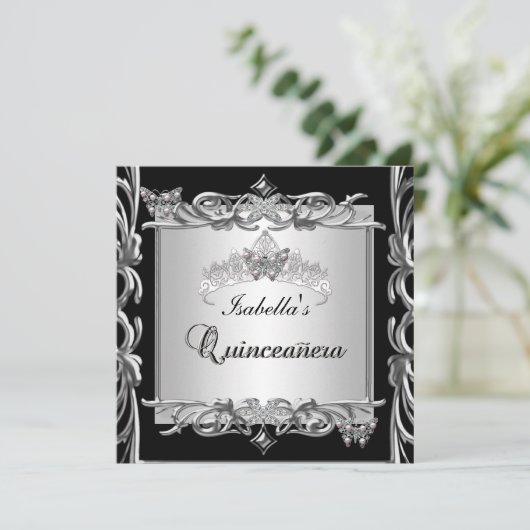 Quinceanera 15e Verjaardag Vlinders Zilver Zwart Kaart (Staand voorkant)
