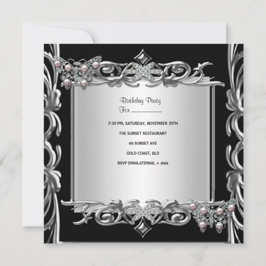 Quinceanera 15e Verjaardag Vlinders Zilver Zwart Kaart (Achterkant)