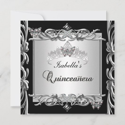 Quinceanera 15e Verjaardag Vlinders Zilver Zwart Kaart (Voorkant)