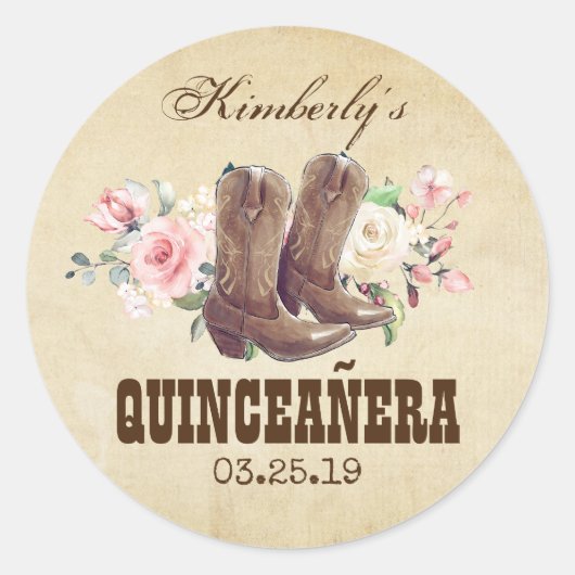 Quinceañera 15e Verjaardag Westerne Cowboylaarzen Ronde Sticker (Voorkant)