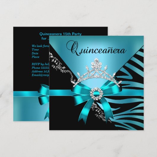 Quinceanera 15e verjaardag Zebra Blue Black Tiara Kaart (Voorkant / Achterkant)