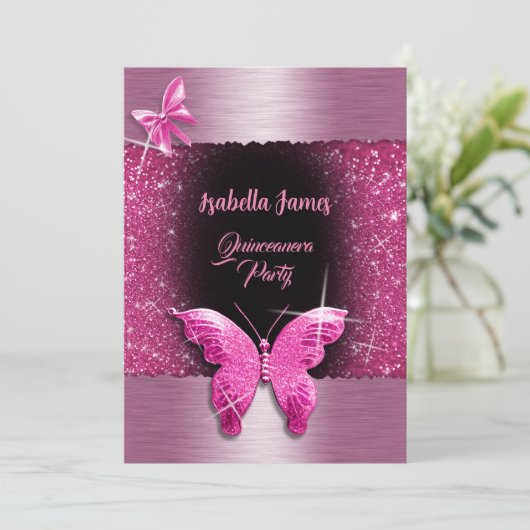 Quinceañera 15e verjaardag zwart roze folie luxe kaart (Staand voorkant)