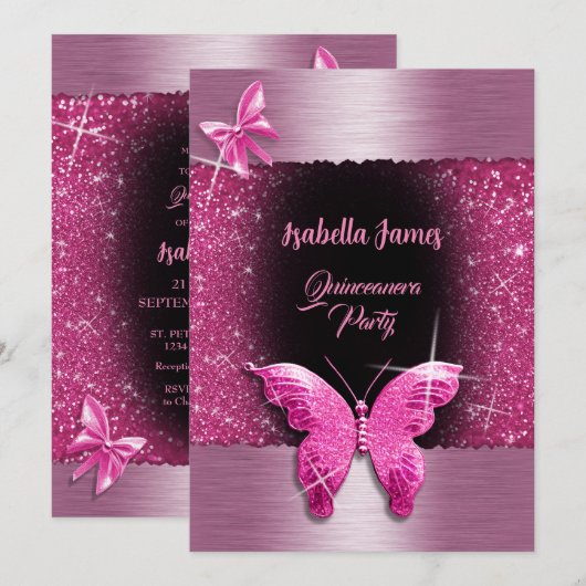 Quinceañera 15e verjaardag zwart roze folie luxe kaart (Voorkant / Achterkant)