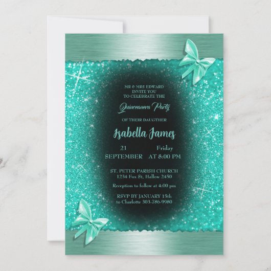 Quinceañera 15e verjaardag zwarte turquoise folie kaart (Achterkant)