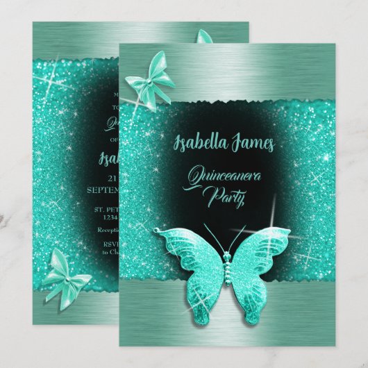 Quinceañera 15e verjaardag zwarte turquoise folie kaart (Voorkant / Achterkant)