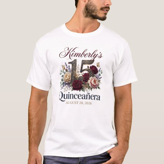 Quinceanera 15e verjaardagsfeest bloemen T-shirt (Voorkant)