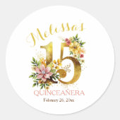 Quinceañera 15e Verjaardagsfeest Bloemengoud Ronde Sticker (Voorkant)