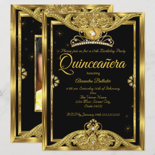 Quinceanera 15e verjaardagsfeest foto goud zwart kaart