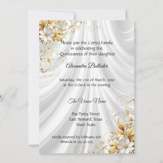 Quinceanera 15e Verjaardagsfeest Gouden Witte Jurk Kaart (Achterkant)