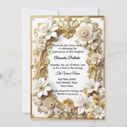 Quinceanera 15e verjaardagsfeest Gouden Witte jurk Kaart (Achterkant)