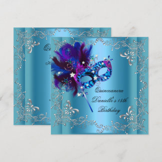 Quinceanera 15e verjaardagsfeest Maskerade Blauw Kaart