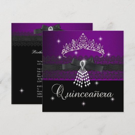 Quinceanera 15e Verjaardagsfeest Paarse Zwart Kaart (Voorkant / Achterkant)