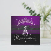 Quinceanera 15e Verjaardagsfeest Paarse Zwart Kaart (Staand voorkant)