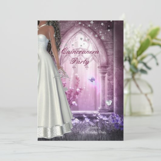 Quinceanera 15e verjaardagsfeest roze witte jurk kaart (Staand voorkant)