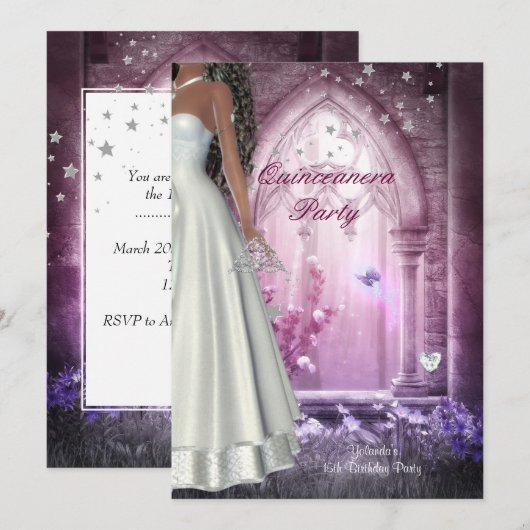 Quinceanera 15e verjaardagsfeest roze witte jurk kaart (Voorkant / Achterkant)