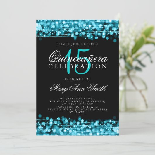 Quinceanera 15e verjaardagsfeest sprankelt turquoi kaart (Staand voorkant)