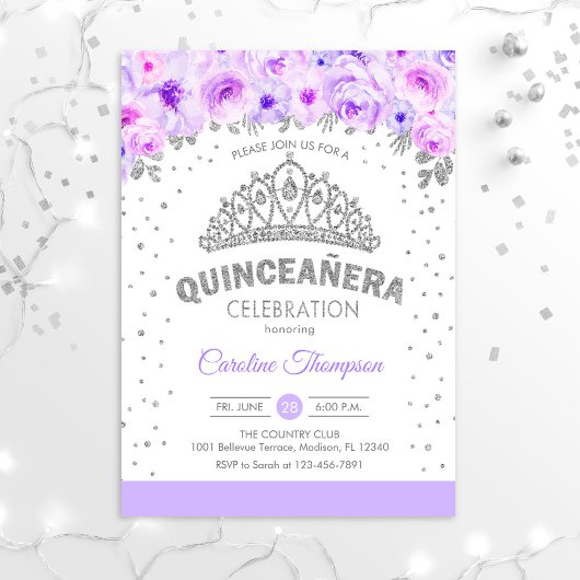 Quinceanera 15e verjaardagsfeest - Zilver Paars Kaart