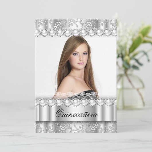 Quinceanera 15e verjaardagsfeestje Zilveren Damast Kaart (Staand voorkant)