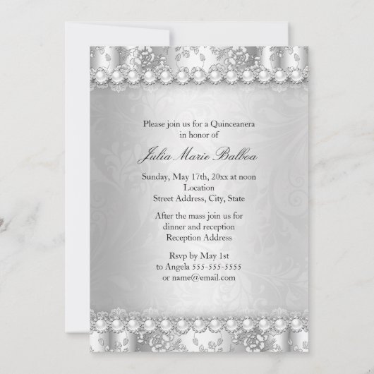 Quinceanera 15e verjaardagsfeestje Zilveren Damast Kaart (Achterkant)
