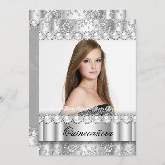 Quinceanera 15e verjaardagsfeestje Zilveren Damast Kaart (Voorkant / Achterkant)