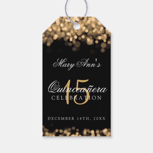 Quinceanera 15e Verjaardagspartij Gouden Lichten Cadeaulabel (Voorkant)