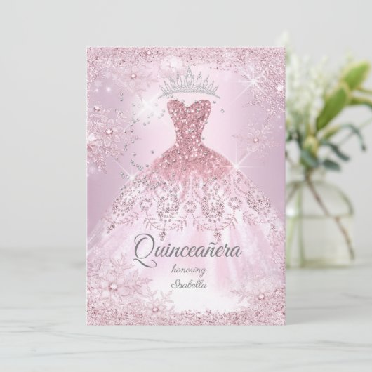Quinceanera 15e wazige roze sneeuwvlok Winterdress Kaart (Staand voorkant)
