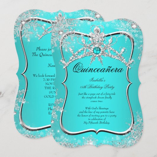 Quinceanera 15e winter Wonderland Aqua Pearl Kaart (Voorkant / Achterkant)