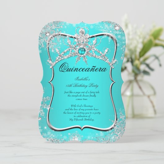 Quinceanera 15e winter Wonderland Aqua Pearl Kaart (Staand voorkant)