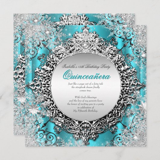 Quinceanera 15e winter Wonderland Blauwgroen Aqua Kaart (Voorkant / Achterkant)
