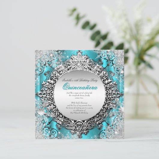 Quinceanera 15e winter Wonderland Blauwgroen Aqua  Kaart (Staand voorkant)