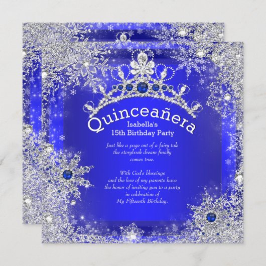Quinceanera 15e Winter Wonderland Royal Blue Kaart (Voorkant / Achterkant)