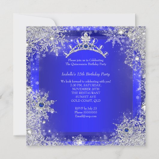 Quinceanera 15e Winter Wonderland Royal Blue Kaart (Achterkant)