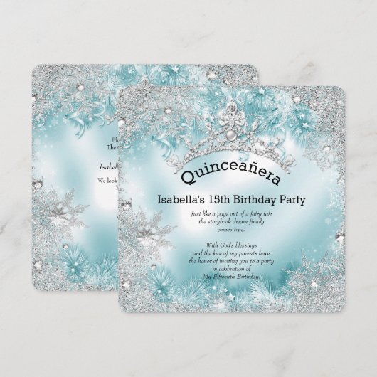 Quinceanera 15e Winter Wonderland Silver Blauwgroe Kaart (Voorkant / Achterkant)