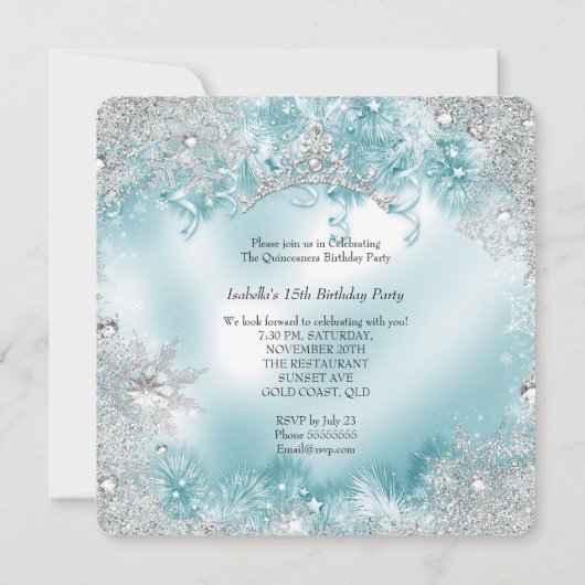 Quinceanera 15e Winter Wonderland Silver Blauwgroe Kaart (Achterkant)
