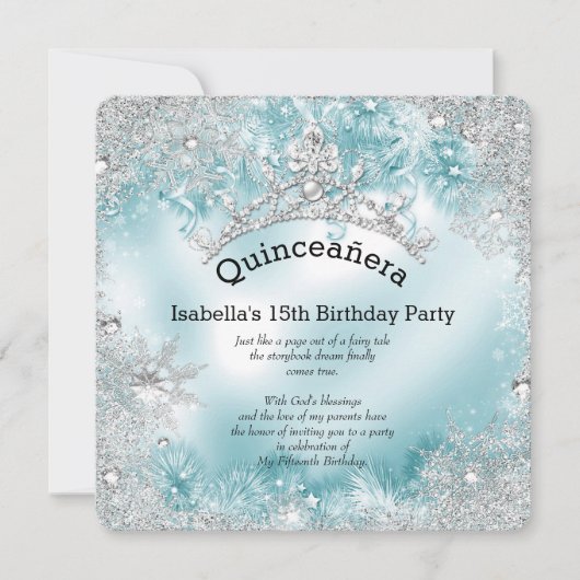 Quinceanera 15e Winter Wonderland Silver Blauwgroe Kaart (Voorkant)